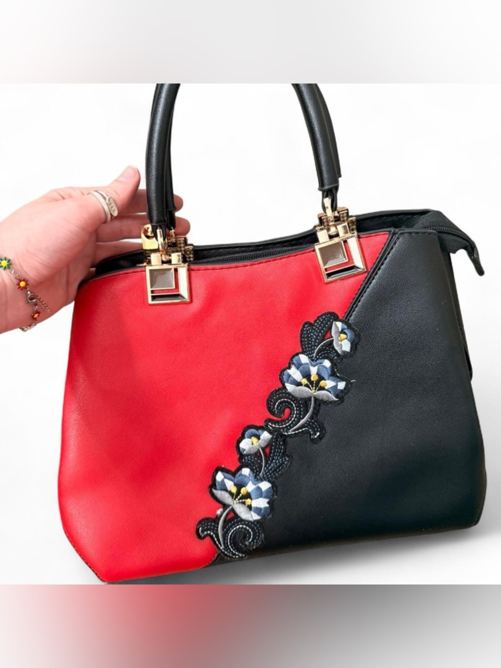 Two-Tone Red and Black Floral Applique Satchel with Gold Hardware